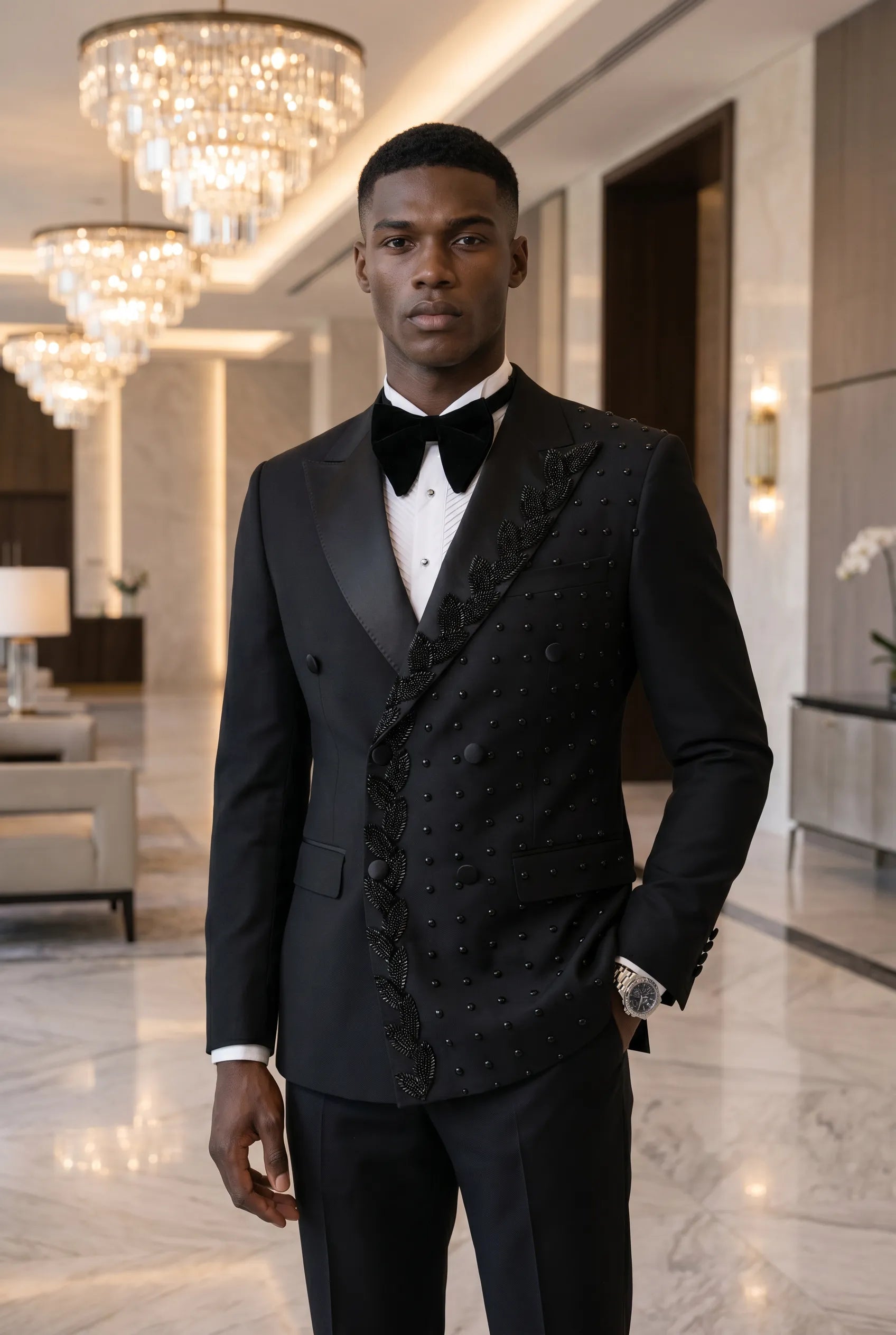 Phantom Cipher - Black Asymmetric Vine Beaded 2-Piece Tuxedo