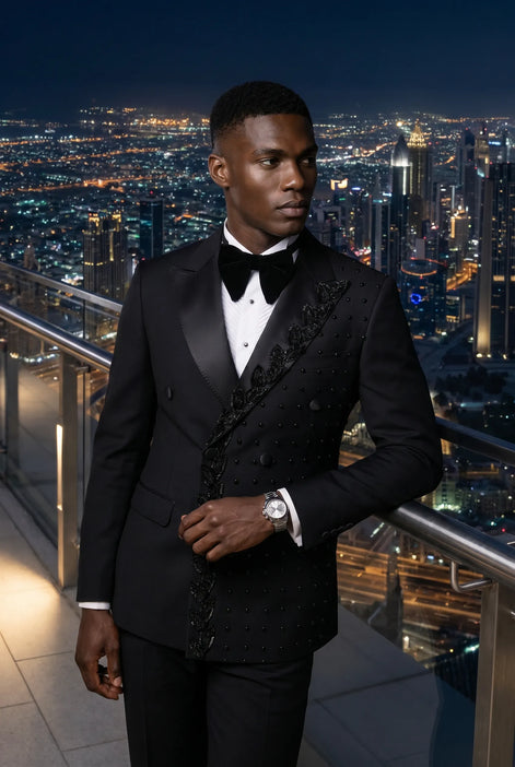Phantom Cipher - Black Asymmetric Vine Beaded 2-Piece Tuxedo