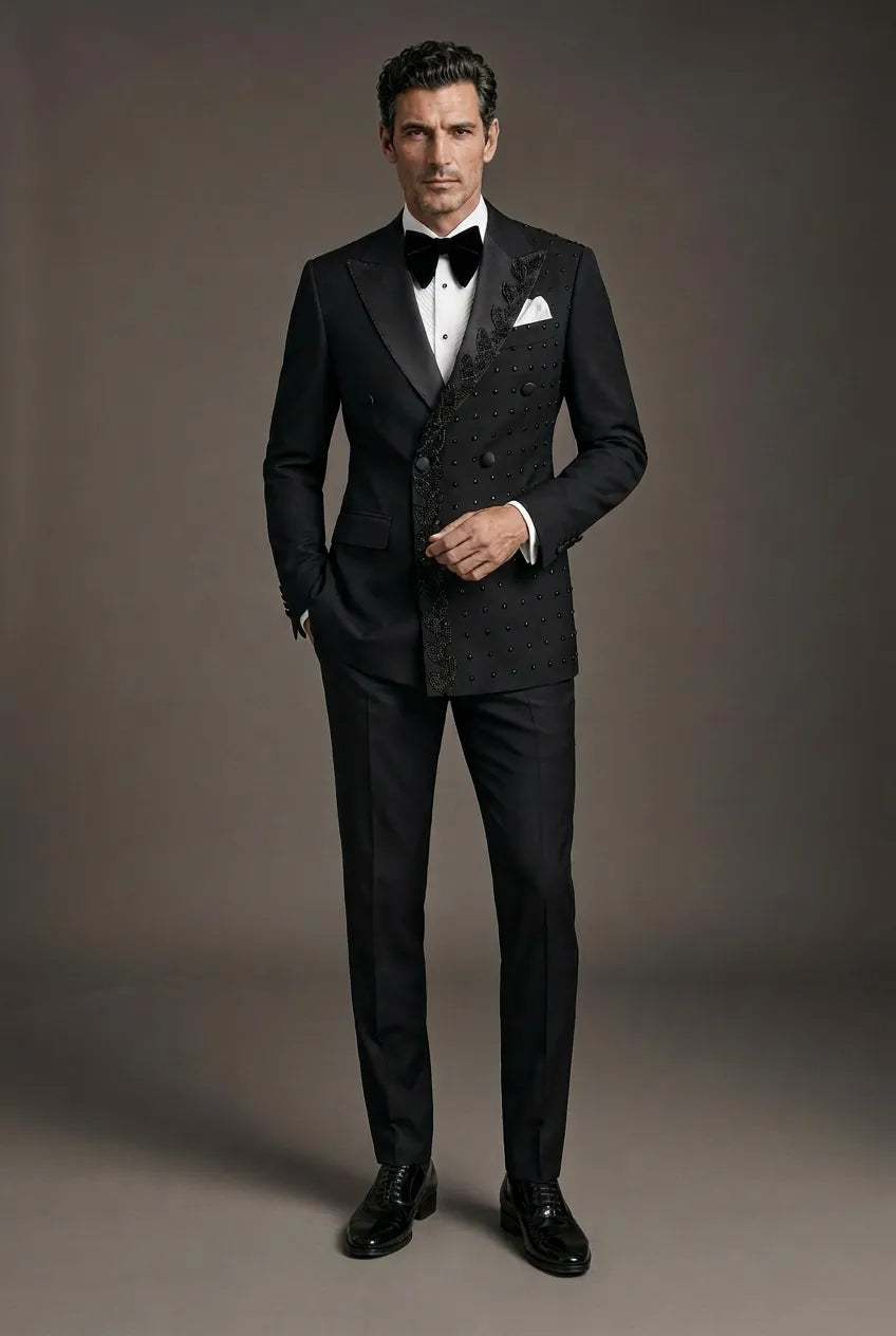 Phantom Cipher - Black Asymmetric Vine Beaded 2-Piece Tuxedo