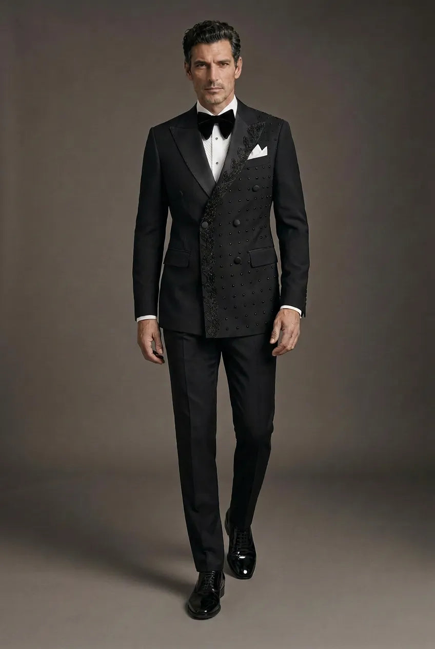 Phantom Cipher - Black Asymmetric Vine Beaded 2-Piece Tuxedo