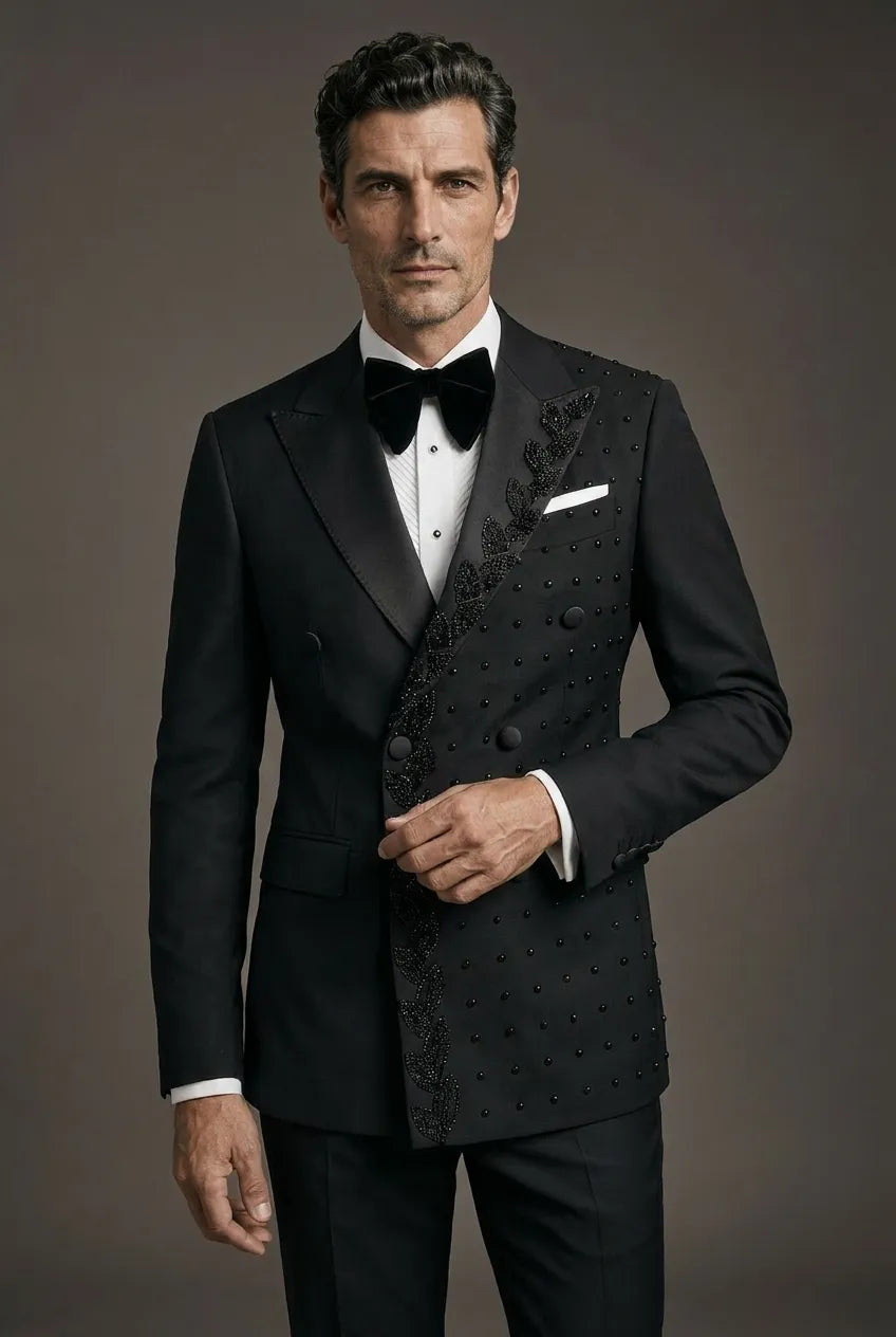 Phantom Cipher - Black Asymmetric Vine Beaded 2-Piece Tuxedo