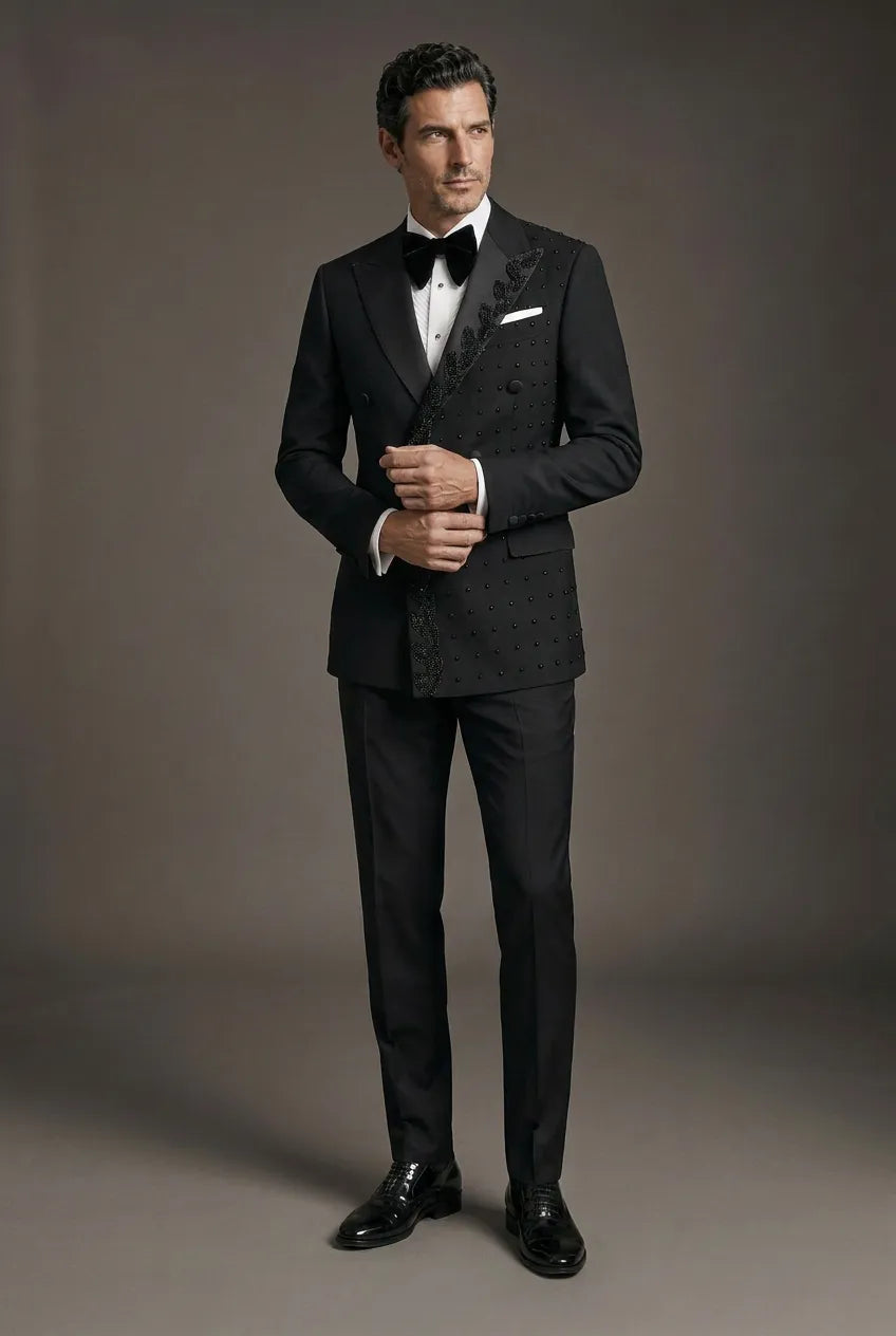 Phantom Cipher - Black Asymmetric Vine Beaded 2-Piece Tuxedo