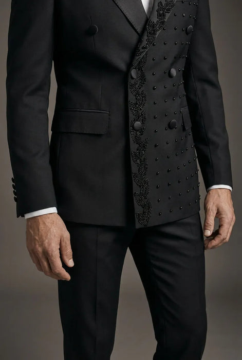 Phantom Cipher - Black Asymmetric Vine Beaded 2-Piece Tuxedo
