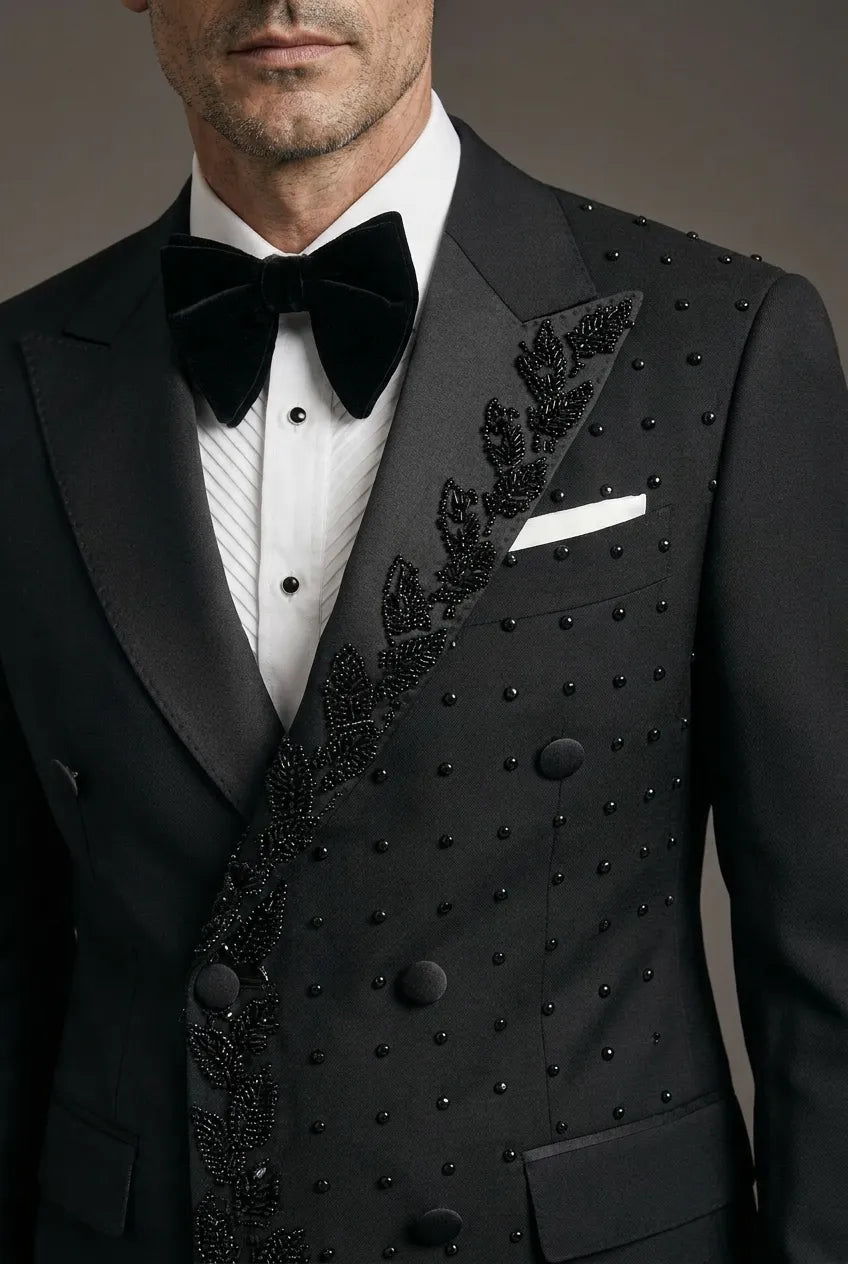 Phantom Cipher - Black Asymmetric Vine Beaded 2-Piece Tuxedo
