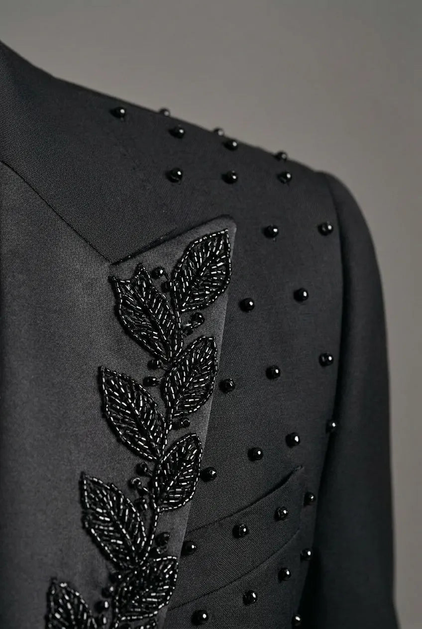 Phantom Cipher - Black Asymmetric Vine Beaded 2-Piece Tuxedo