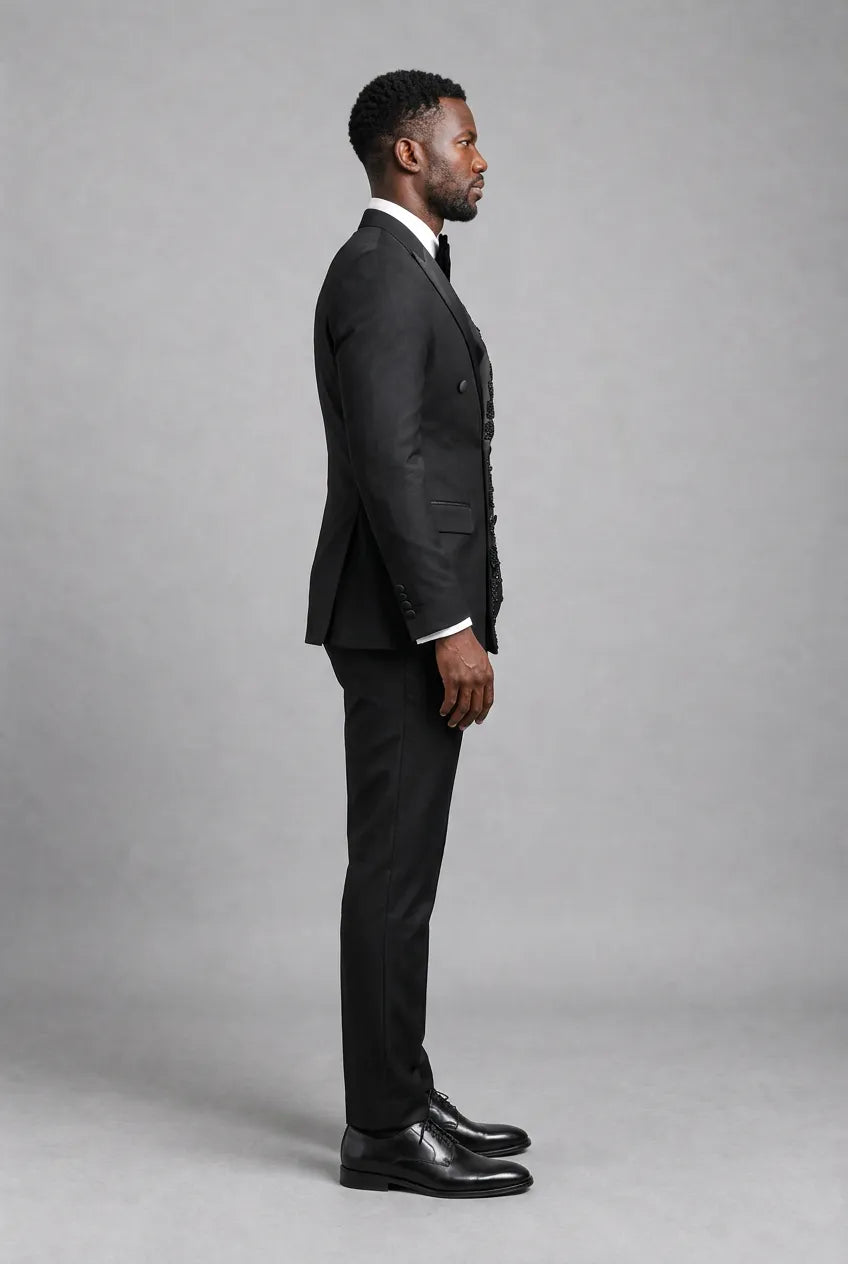 Phantom Cipher - Black Asymmetric Vine Beaded 2-Piece Tuxedo