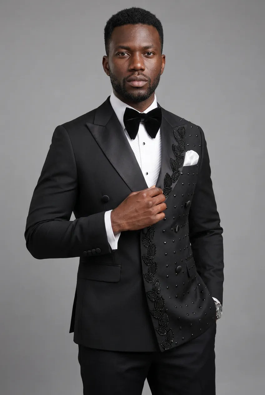 Phantom Cipher - Black Asymmetric Vine Beaded 2-Piece Tuxedo