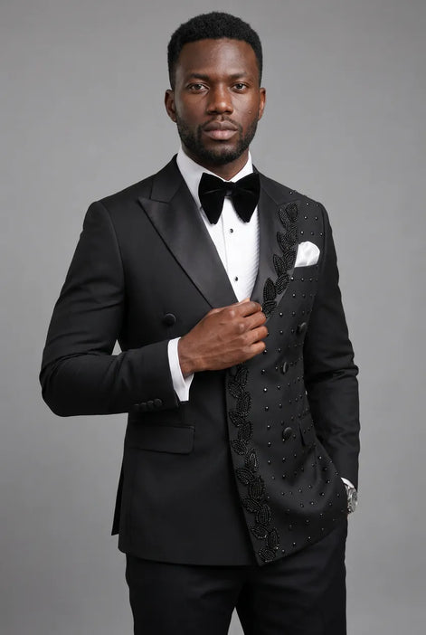 Phantom Cipher - Black Asymmetric Vine Beaded 2-Piece Tuxedo