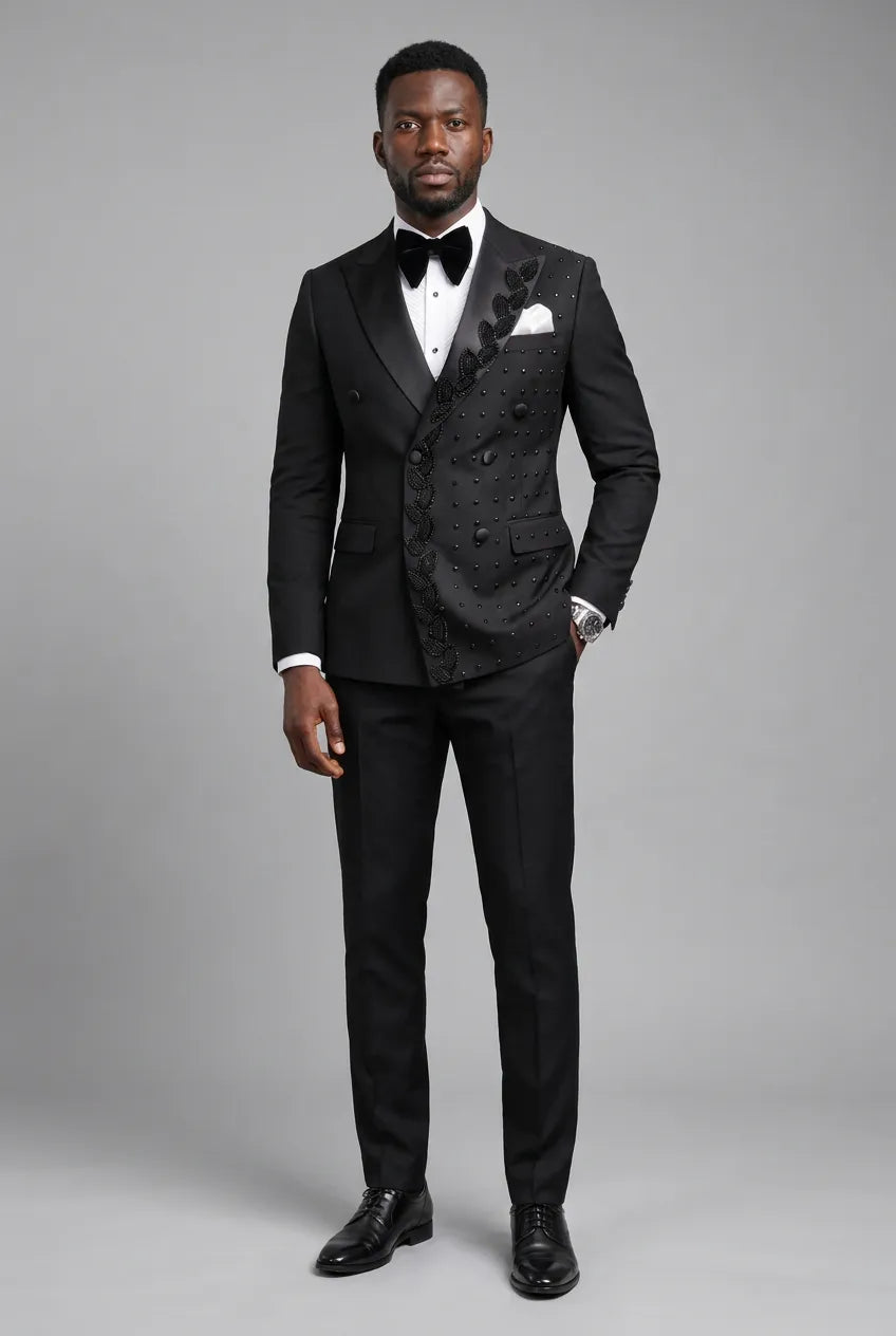 Phantom Cipher - Black Asymmetric Vine Beaded 2-Piece Tuxedo