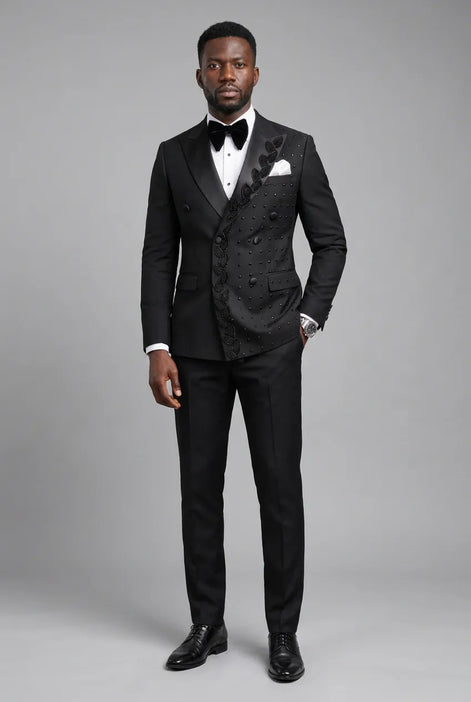 Phantom Cipher - Black Asymmetric Vine Beaded 2-Piece Tuxedo