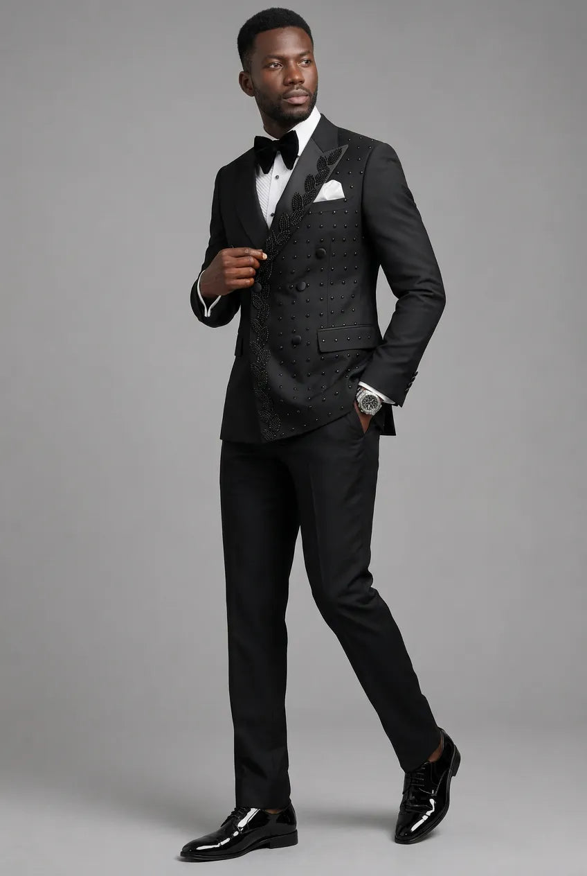 Phantom Cipher - Black Asymmetric Vine Beaded 2-Piece Tuxedo