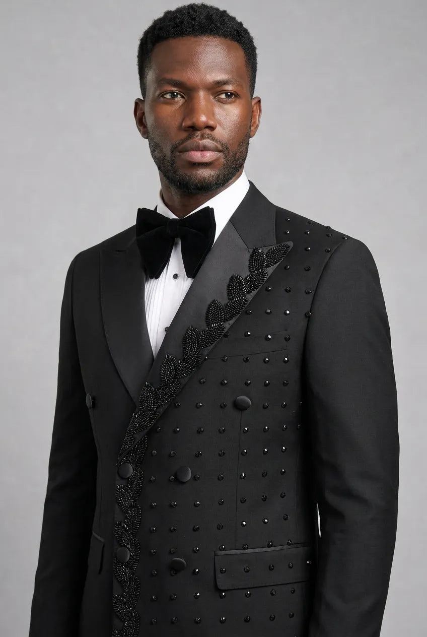 Phantom Cipher - Black Asymmetric Vine Beaded 2-Piece Tuxedo
