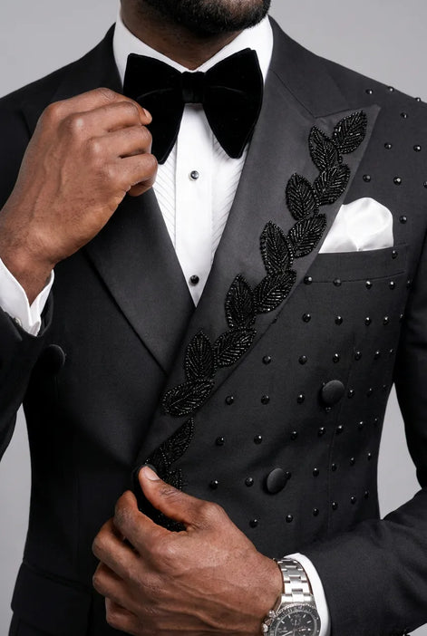 Phantom Cipher - Black Asymmetric Vine Beaded 2-Piece Tuxedo