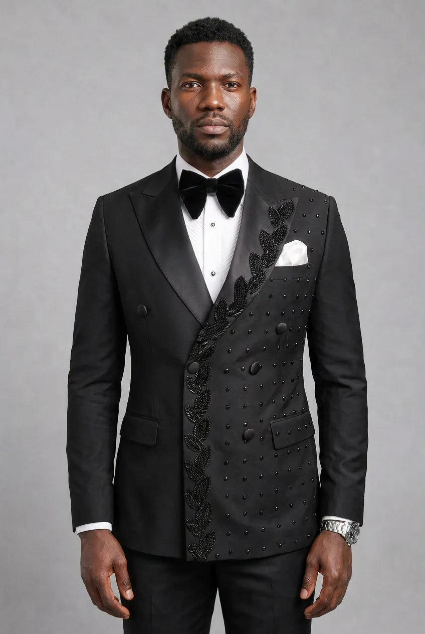 Phantom Cipher - Black Asymmetric Vine Beaded 2-Piece Tuxedo