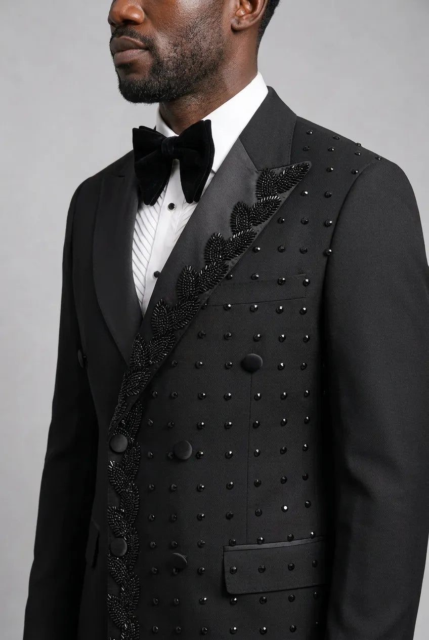 Phantom Cipher - Black Asymmetric Vine Beaded 2-Piece Tuxedo