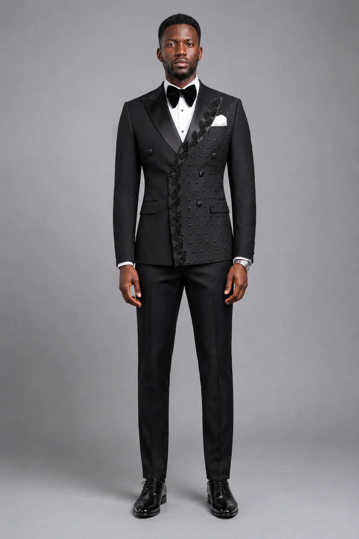 Phantom Cipher - Black Asymmetric Vine Beaded 2-Piece Tuxedo