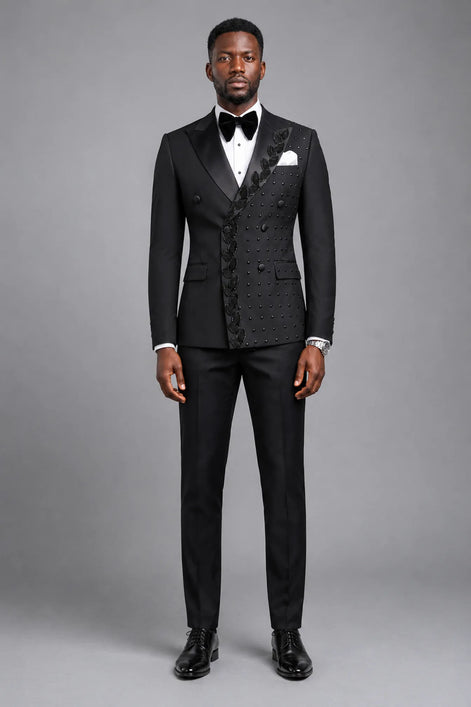 Phantom Cipher - Black Asymmetric Vine Beaded 2-Piece Tuxedo