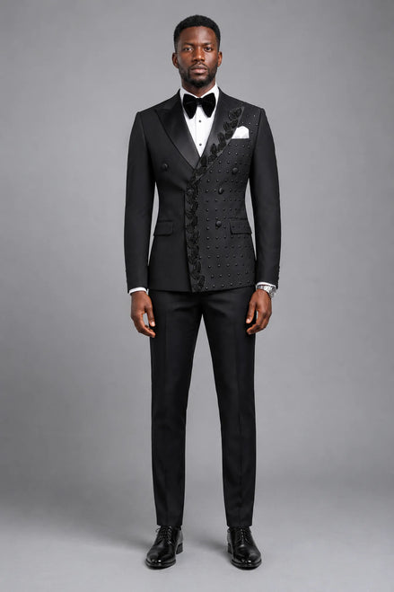 Phantom Cipher - Black Asymmetric Vine Beaded 2-Piece Tuxedo