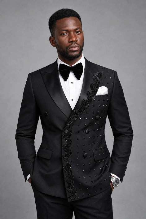 Phantom Cipher - Black Asymmetric Vine Beaded 2-Piece Tuxedo