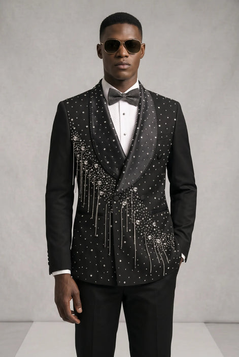 Vesper Cascade - Black Crystal Fringe 2-Piece Tuxedo