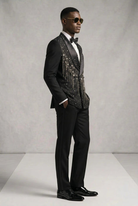 Vesper Cascade - Black Crystal Fringe 2-Piece Tuxedo
