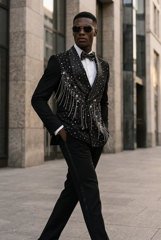 Vesper Cascade - Black Crystal Fringe 2-Piece Tuxedo