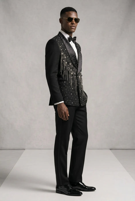 Vesper Cascade - Black Crystal Fringe 2-Piece Tuxedo