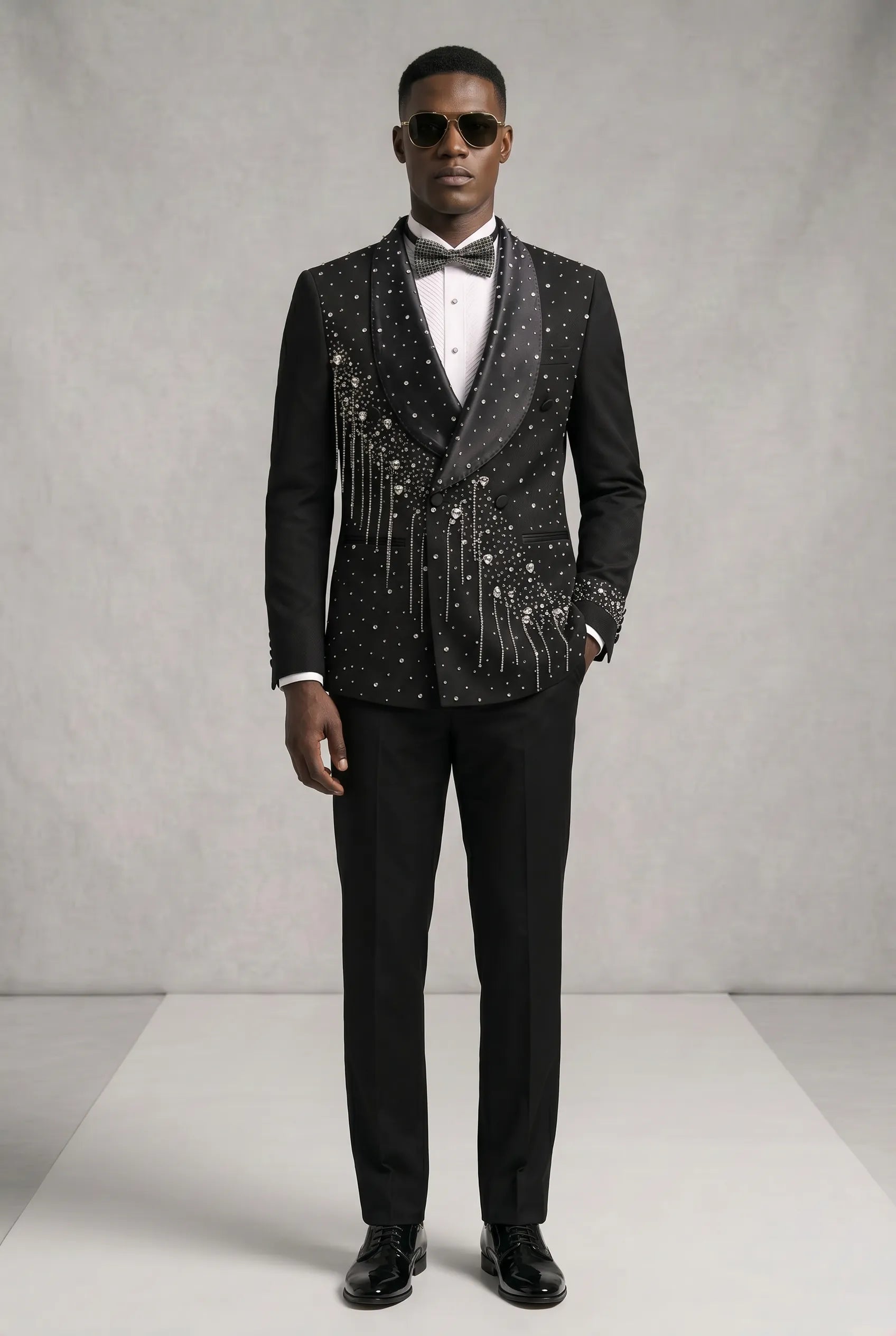 Vesper Cascade - Black Crystal Fringe 2-Piece Tuxedo