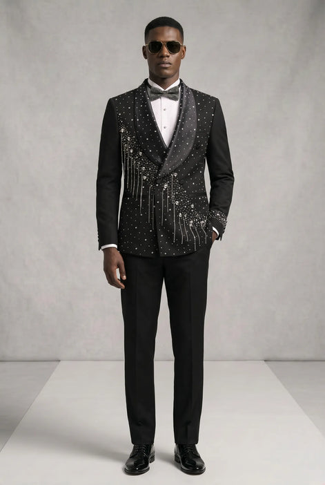Vesper Cascade - Black Crystal Fringe 2-Piece Tuxedo