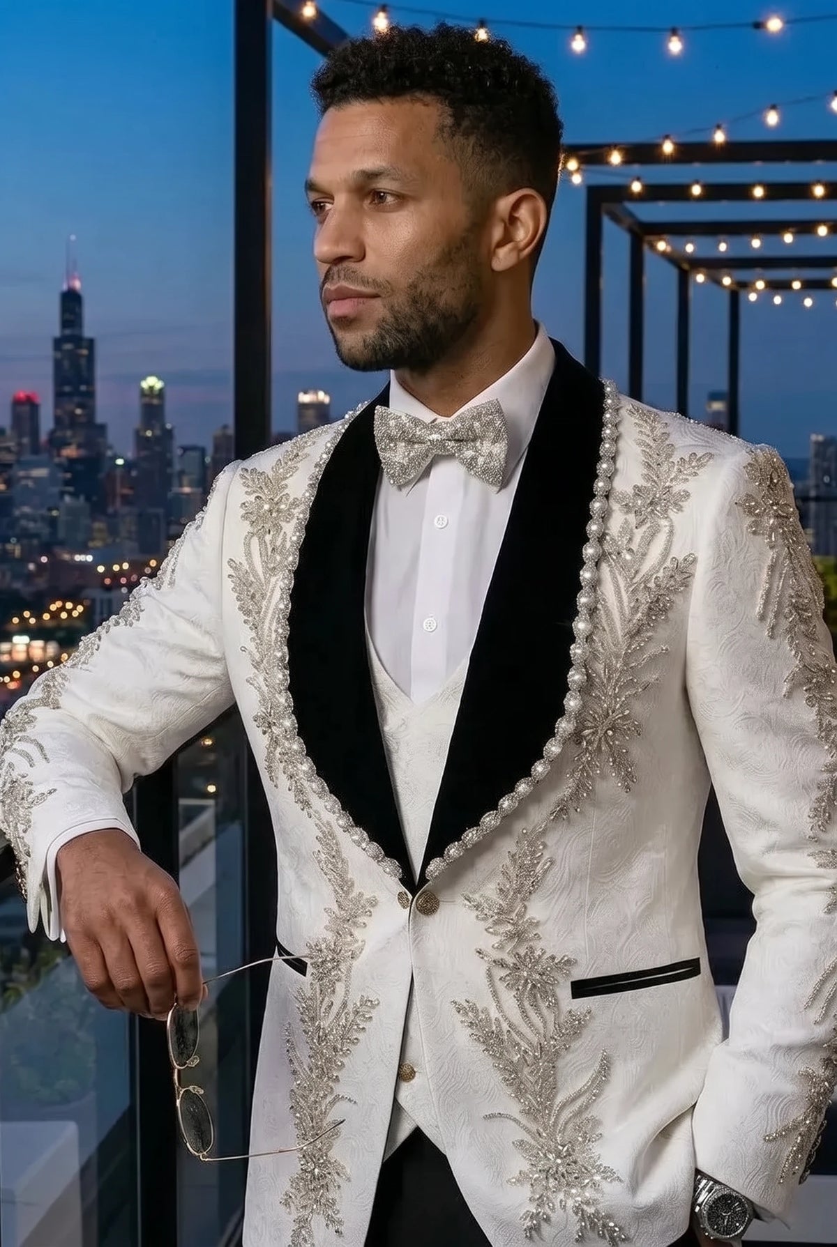 Diamond Empyrean - White Jacquard & Heavy Crystal 3-Piece Tuxedo