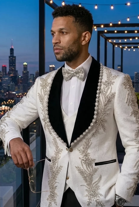 Diamond Empyrean - White Jacquard & Heavy Crystal 3-Piece Tuxedo