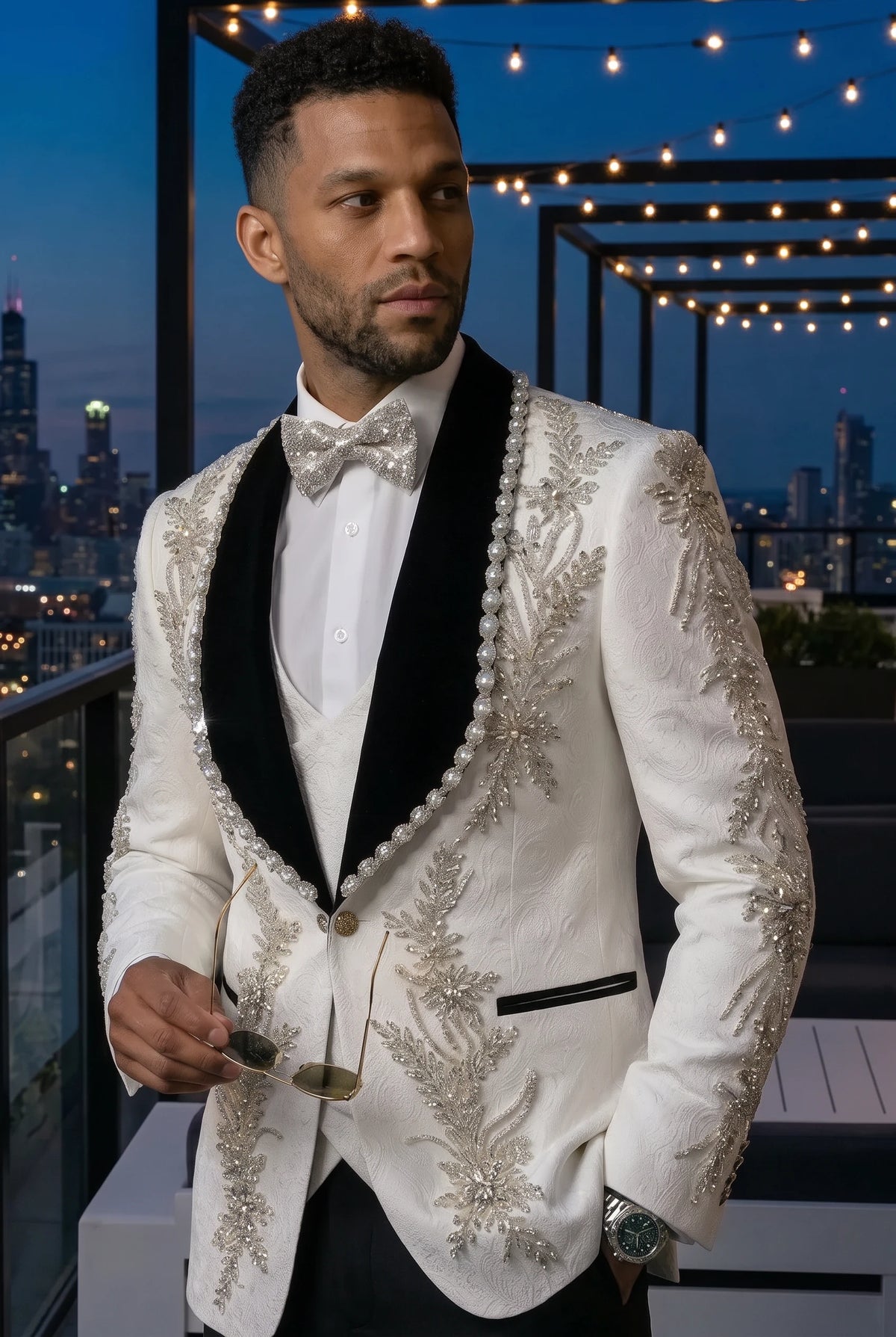 Diamond Empyrean - White Jacquard & Heavy Crystal 3-Piece Tuxedo