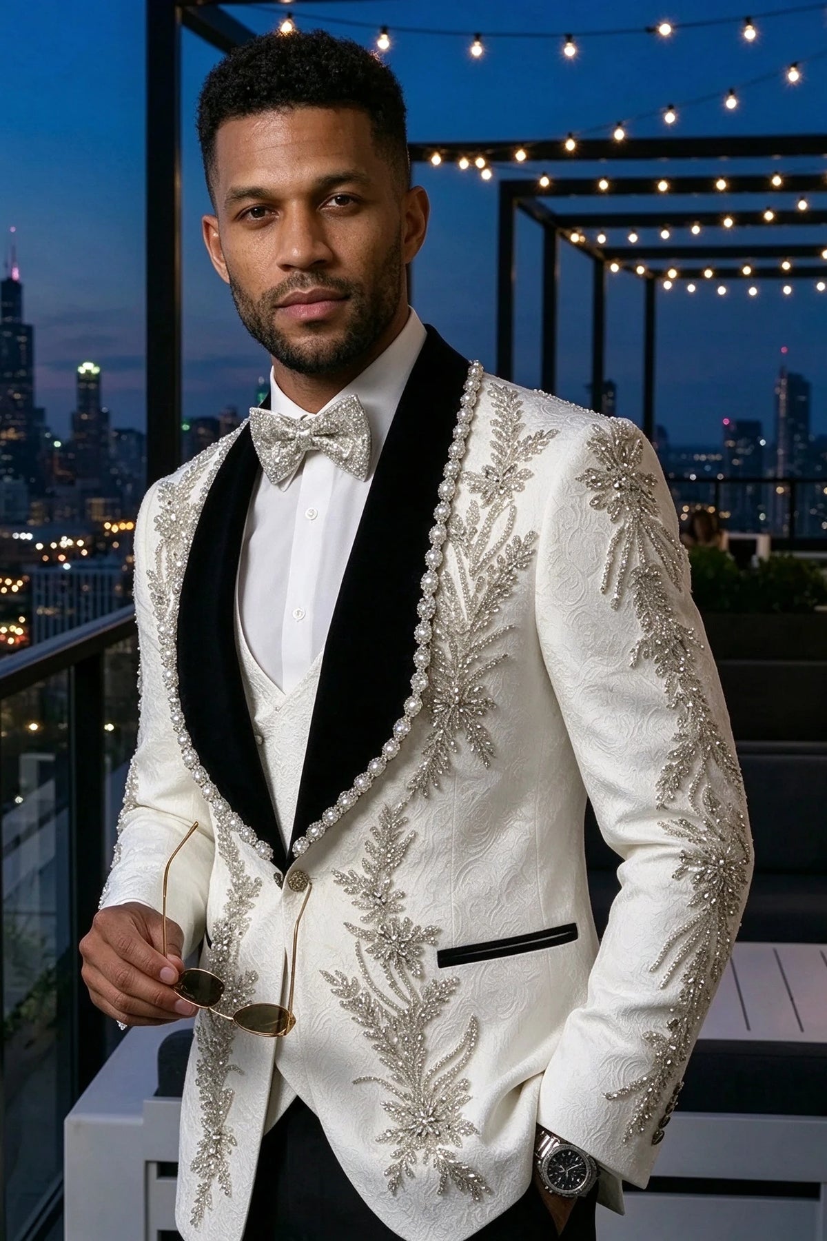 Diamond Empyrean - White Jacquard & Heavy Crystal 3-Piece Tuxedo
