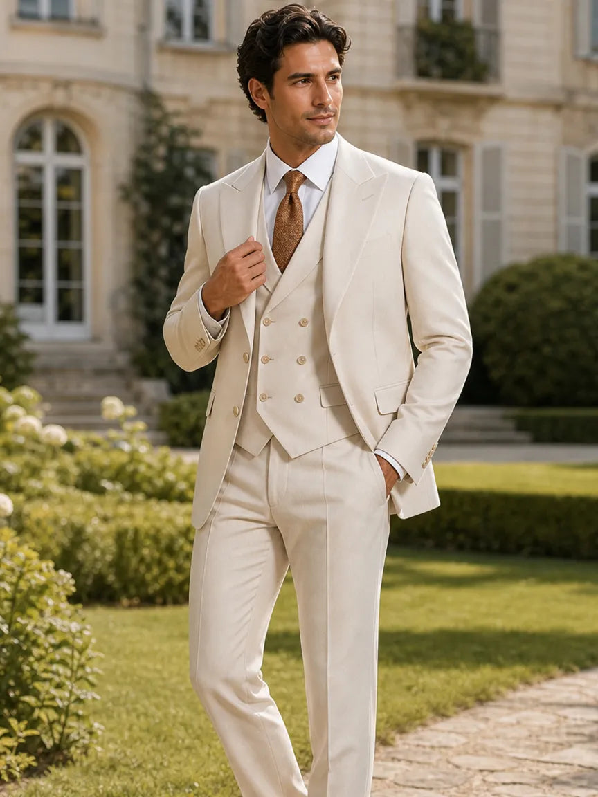 Sandstone Keystone - Ivory Beige Textured 3-Piece Suit