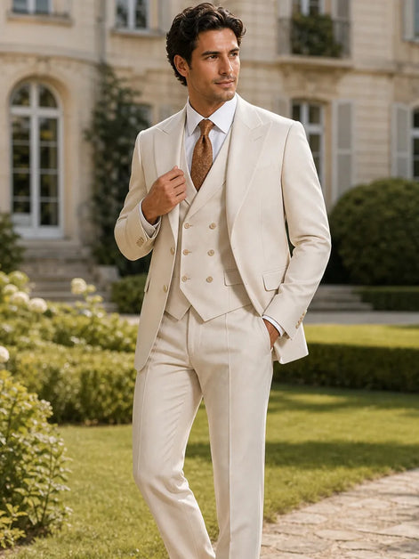Sandstone Keystone - Ivory Beige Textured 3-Piece Suit
