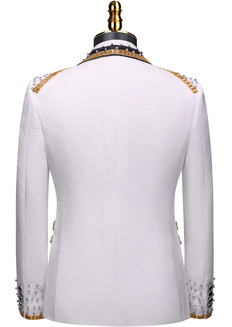 White tuxedo jacket back view showing gold collar trim and rose texture