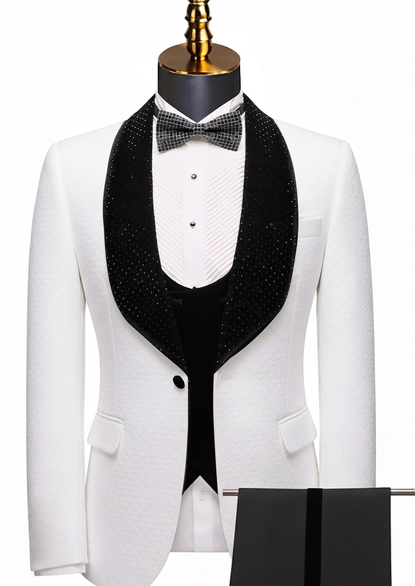 White micro-diamond jacquard tuxedo 3-piece set front view - The Diamond Royale