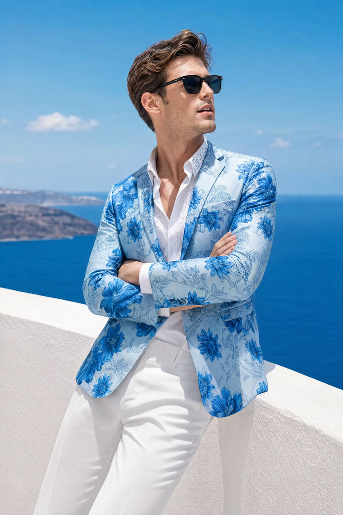 Azure Mediterranean Muse - Blue Floral Resort Blazer