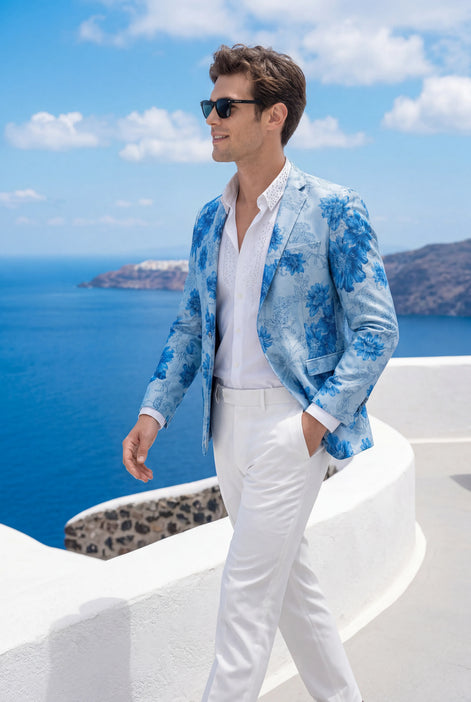 Azure Mediterranean Muse - Blue Floral Resort Blazer