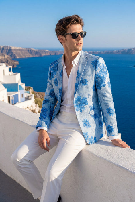 Azure Mediterranean Muse - Blue Floral Resort Blazer