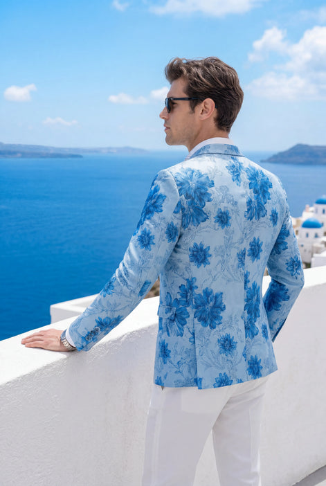 Azure Mediterranean Muse - Blue Floral Resort Blazer