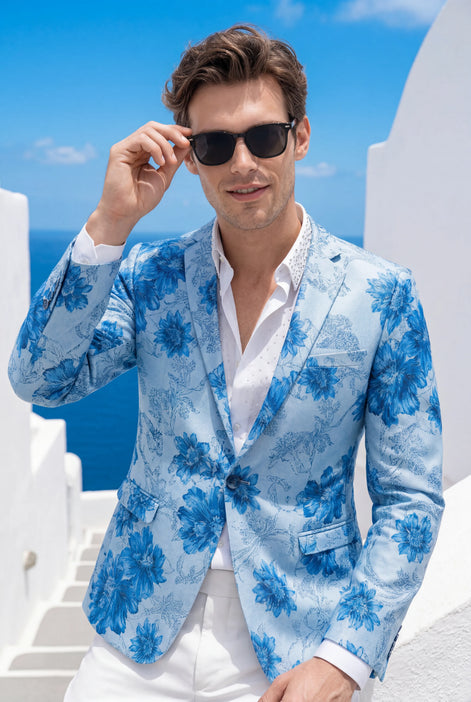 Azure Mediterranean Muse - Blue Floral Resort Blazer