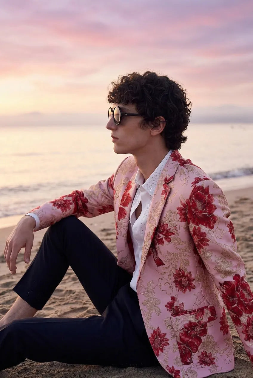 Crimson Twilight Bloom - Dusty Rose Floral Resort Blazer