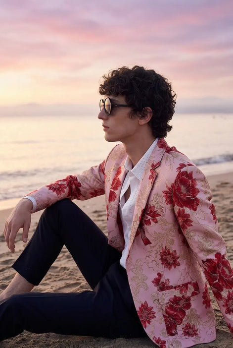 Crimson Twilight Bloom - Dusty Rose Floral Resort Blazer