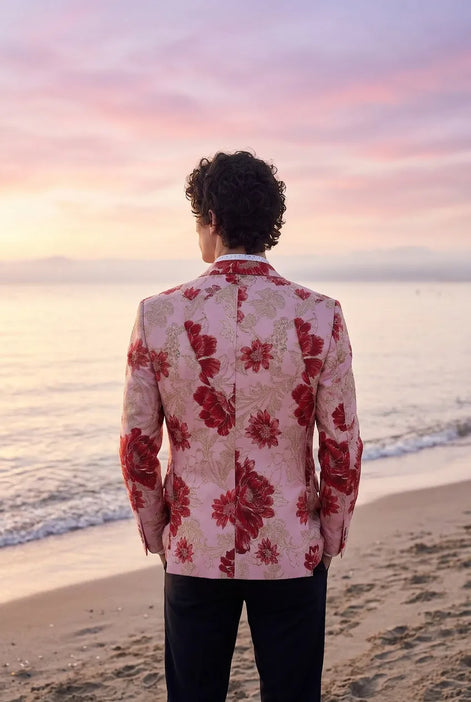 Crimson Twilight Bloom - Dusty Rose Floral Resort Blazer