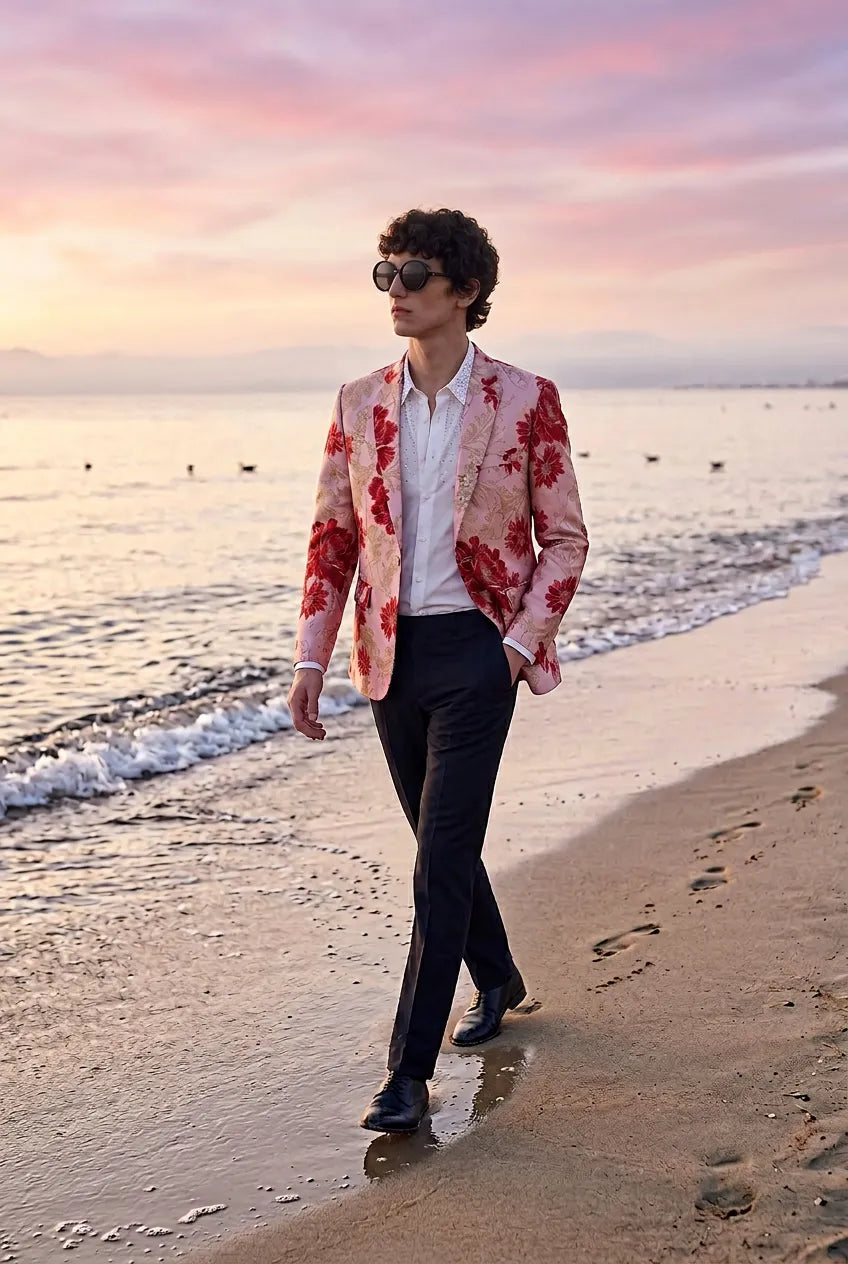 Crimson Twilight Bloom - Dusty Rose Floral Resort Blazer