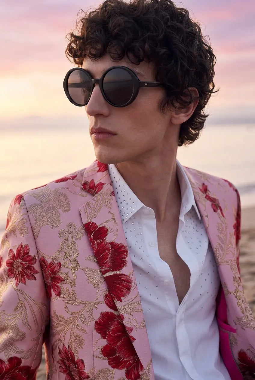 Crimson Twilight Bloom - Dusty Rose Floral Resort Blazer
