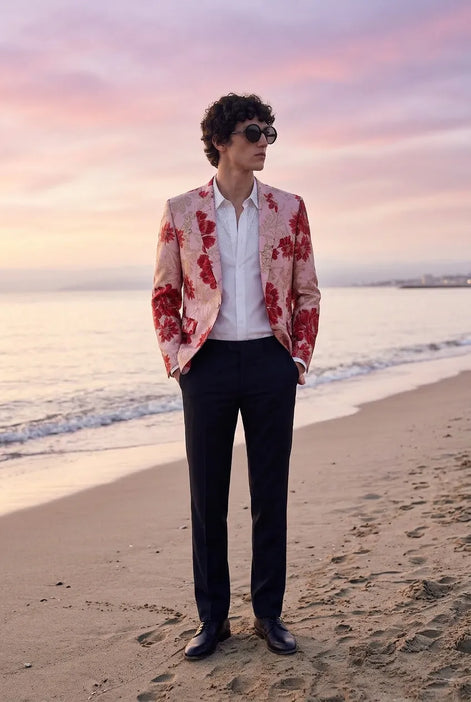 Crimson Twilight Bloom - Dusty Rose Floral Resort Blazer