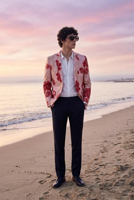 Crimson Twilight Bloom - Dusty Rose Floral Resort Blazer