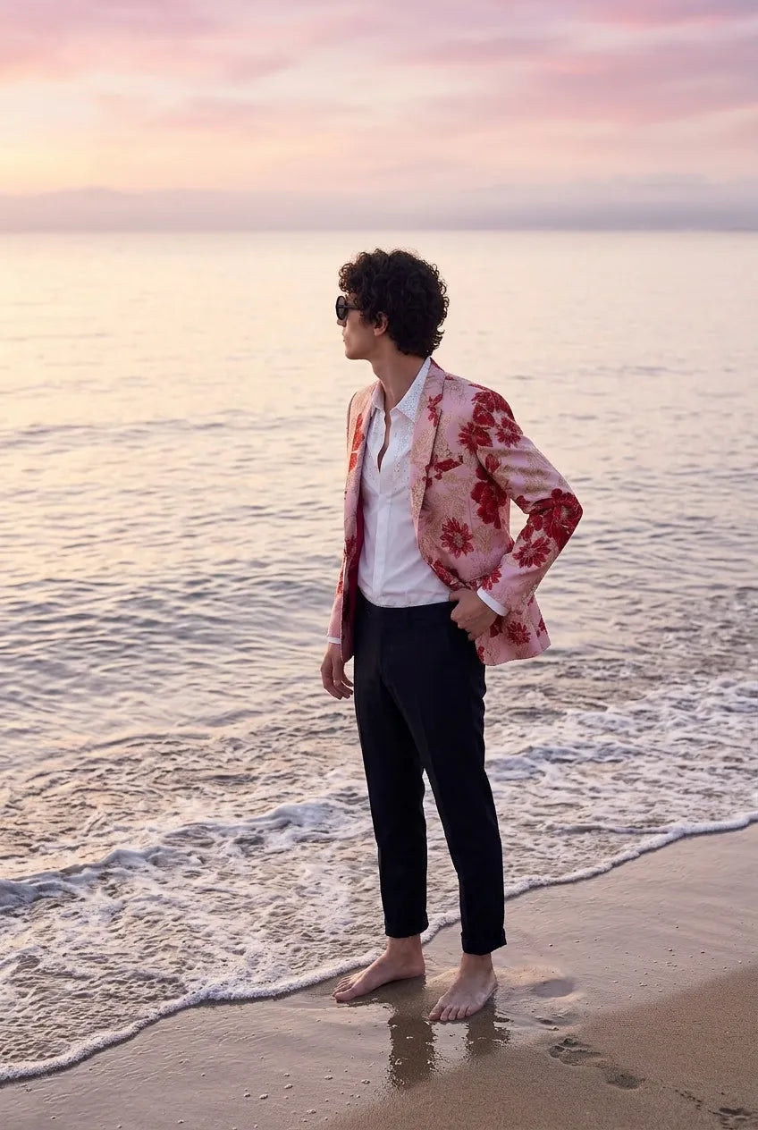 Crimson Twilight Bloom - Dusty Rose Floral Resort Blazer